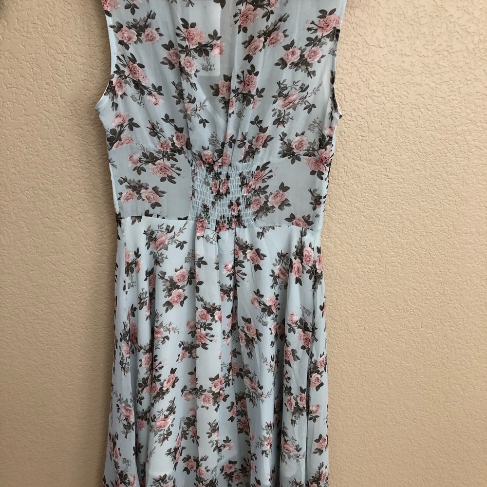Sweet Pea Light Blue Midi Dress with Pink Floral Print - Picture 3 of 7